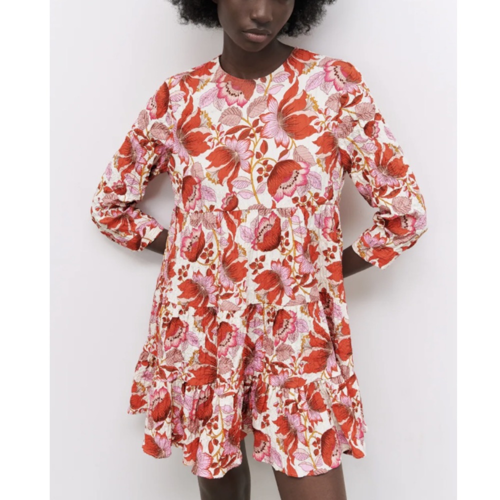 ZARA Dress Floral Red Crinkle Mini Dress Size S